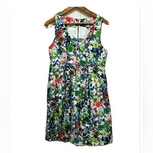 Floral print dress, sleeveless, empire waistline, cream, blue, green, size M